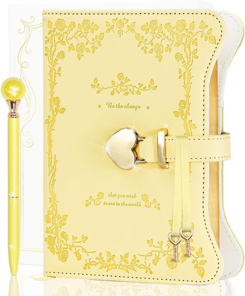 hi! SCI Diary with Lock and Keys for Girls & Women, 360 Pages Journal with Lock for Girls Gift Ideas, Girls Locking Diary with Pen, Cute Journals Set for Teen Girls Ages 8-12 (Rose Garden, Cream Yellow)